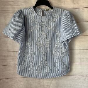 Zara Blue White Striped Blouse Sheer Floral Cutout Details Puff Sleeves Size S